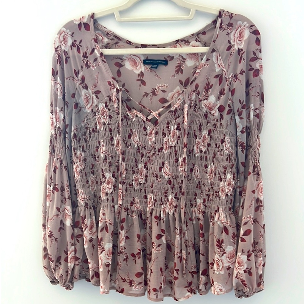 American Eagle Outfitters Pink and Red Smocked Ruffled Blouse size S